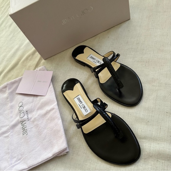 Jimmy Choo Shoes - Jimmy Choo Park Slip On Flat Thong Sandals Sz 37 Black Resortwear NEW in Box